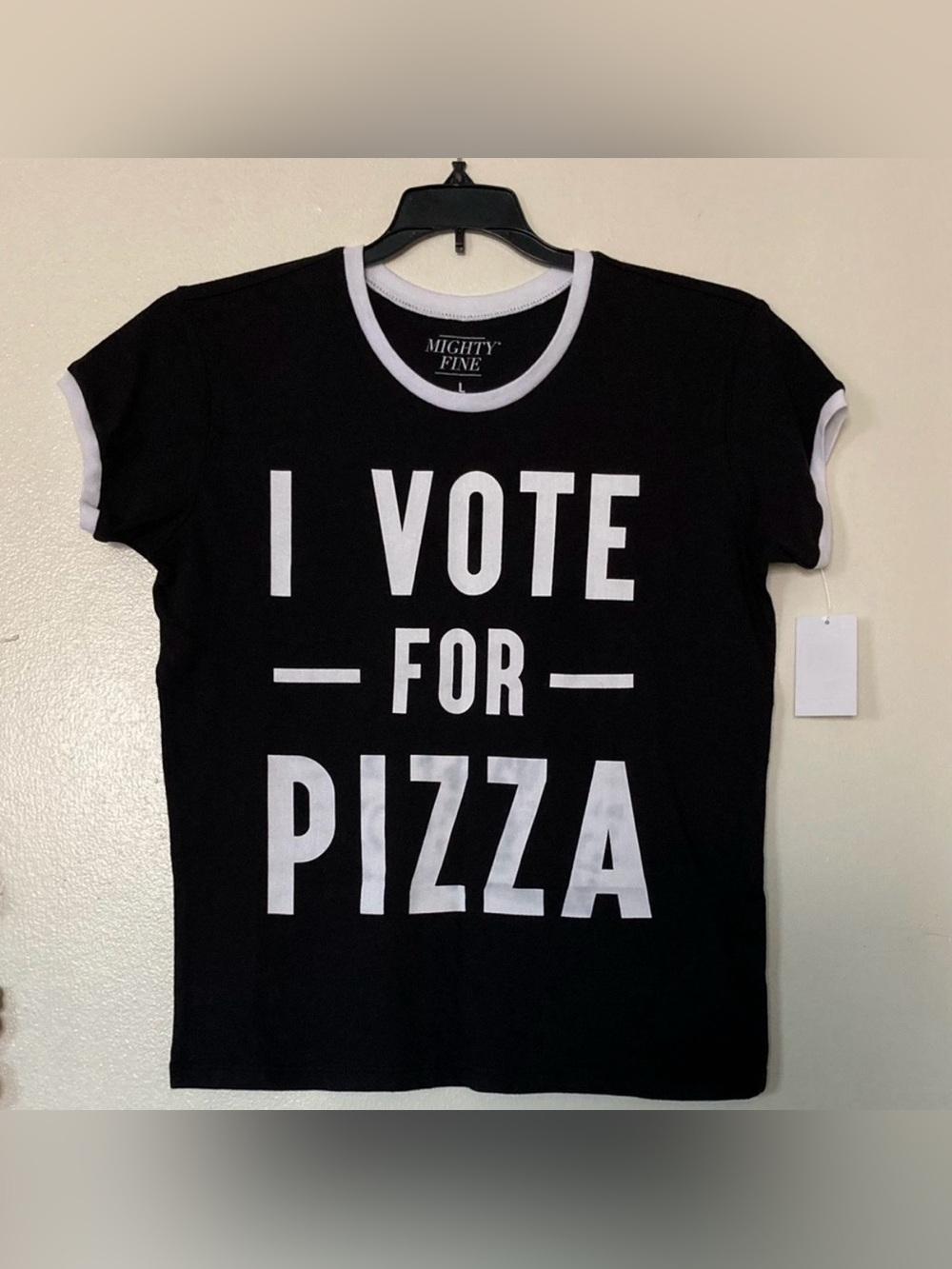 *BRAND NEW* Mighty Fine White I Vote For Pizza Ringer ShortSleeve Black TeeShirt